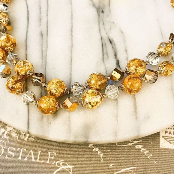 Vintage Signed Vendome Necklace Gold Foil Bead Crystal Beaded 2 Strand - Picture 2 of 7